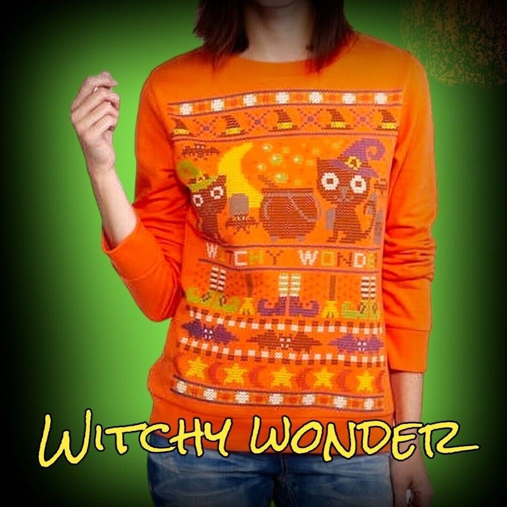Halloween 🎃 WITCHY WONDER Orange Sweatshirt CATS BATS HATS Women’s Size Large